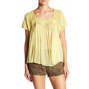 Free People Yellow Sheer Embroidered Beaded Top